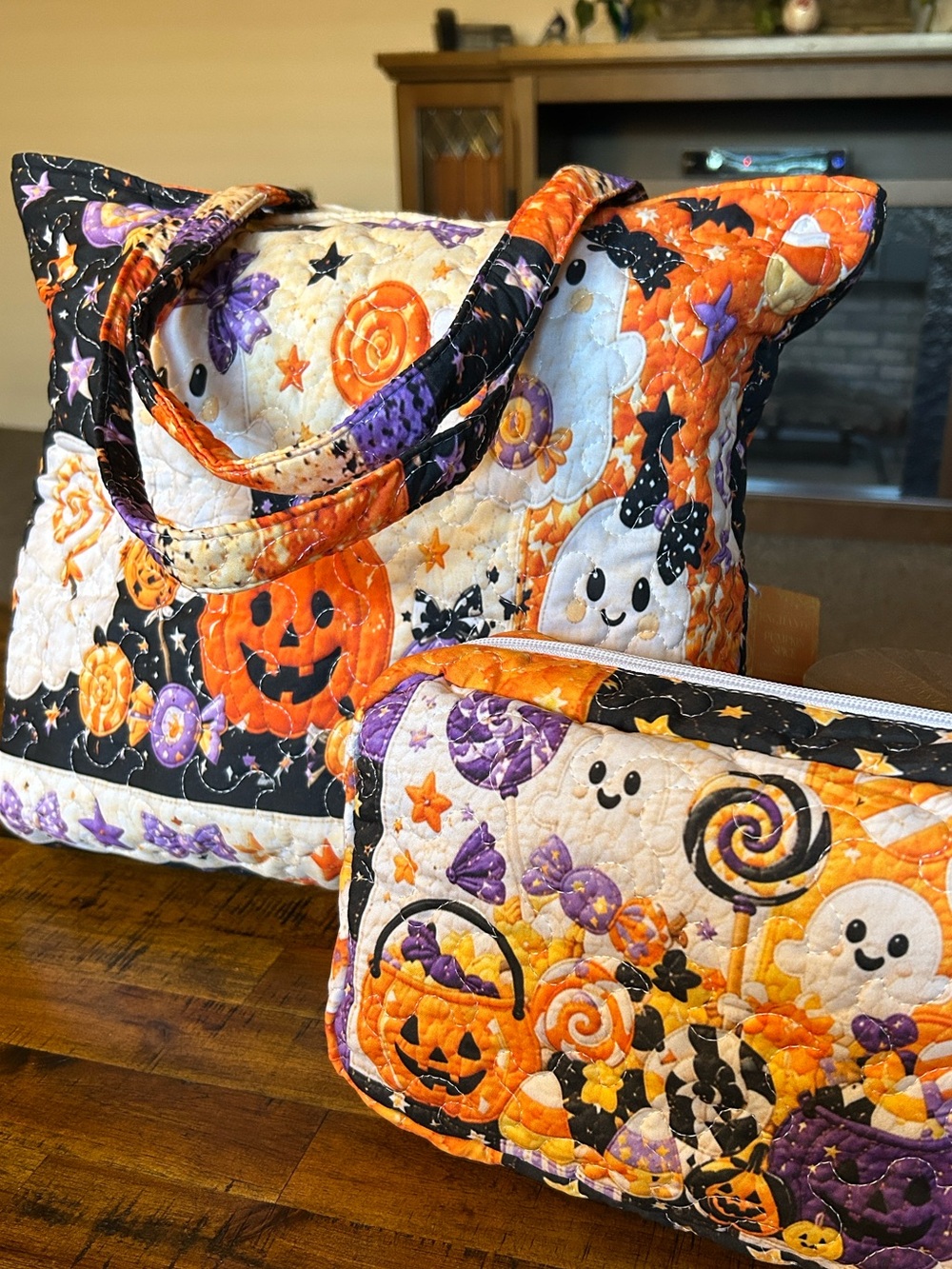 Quilted Halloween Tote & Cosmetic Bag in Halloween Colors | Orange & Purple - Picture 3 of 16